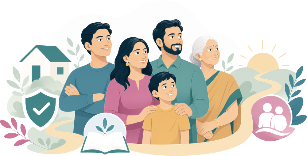 A multigenerational family surrounded by symbols of home, protection, education and the future